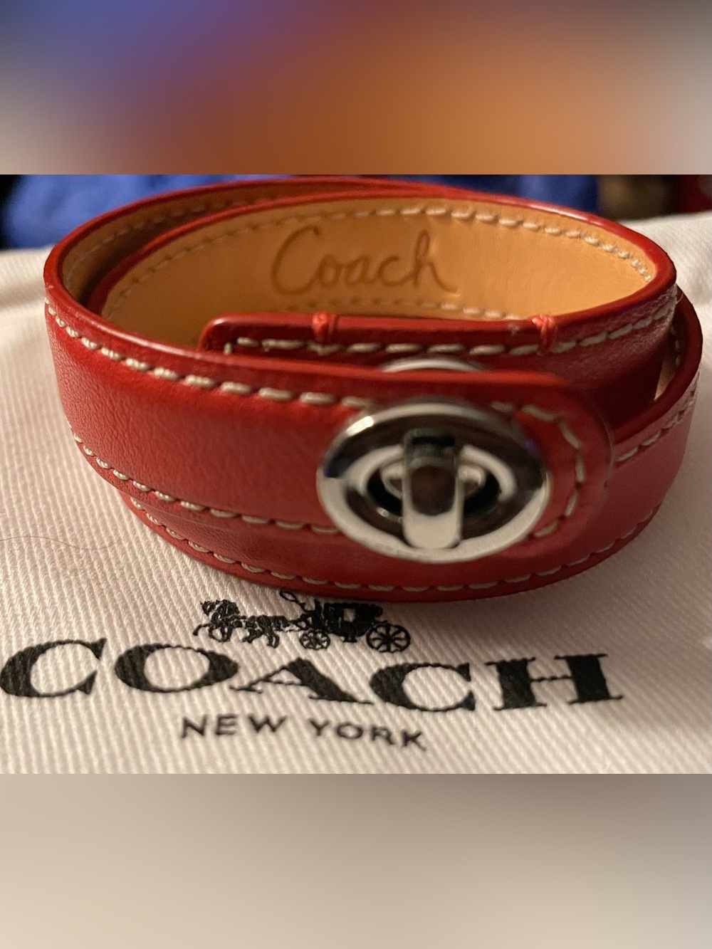 Coach Red Leather Double-Wrap Bracelet with Silver Turnlock